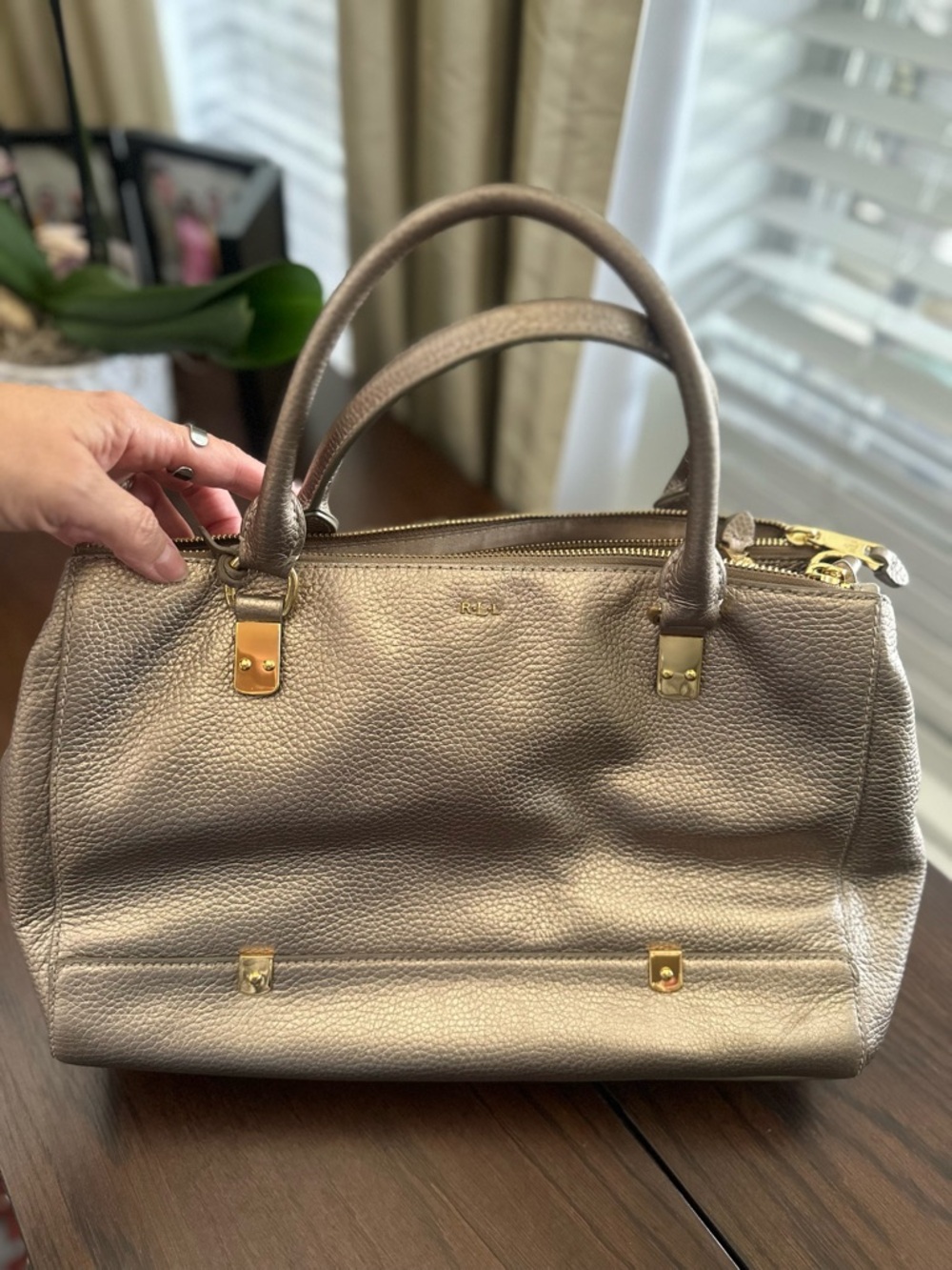 Lauren Ralph Lauren Metallic Pewter Pebbled Leather Satchel - Picture 2 of 16